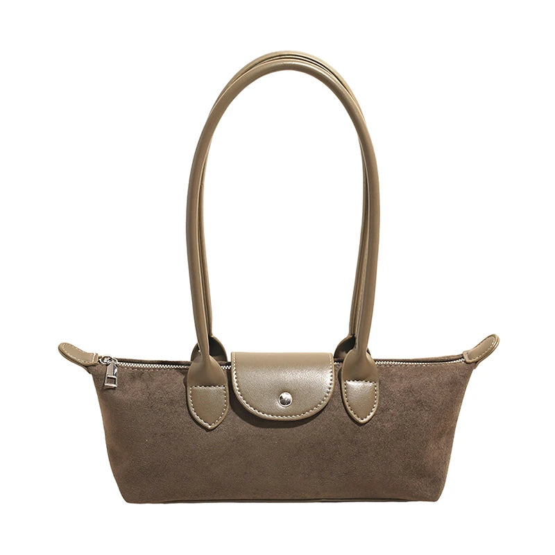 Vintage Faux Suede Baguette Shoulder Bag for Women Leather Trim Long Handle Underarm Purse-9