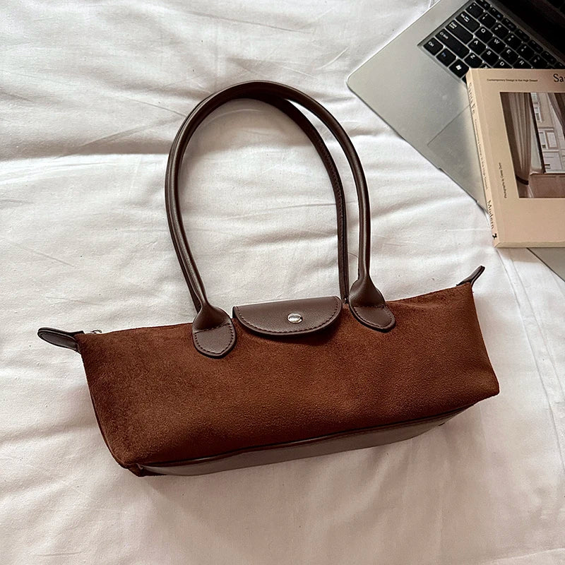 Vintage Faux Suede Baguette Shoulder Bag for Women Leather Trim Long Handle Underarm Purse-0