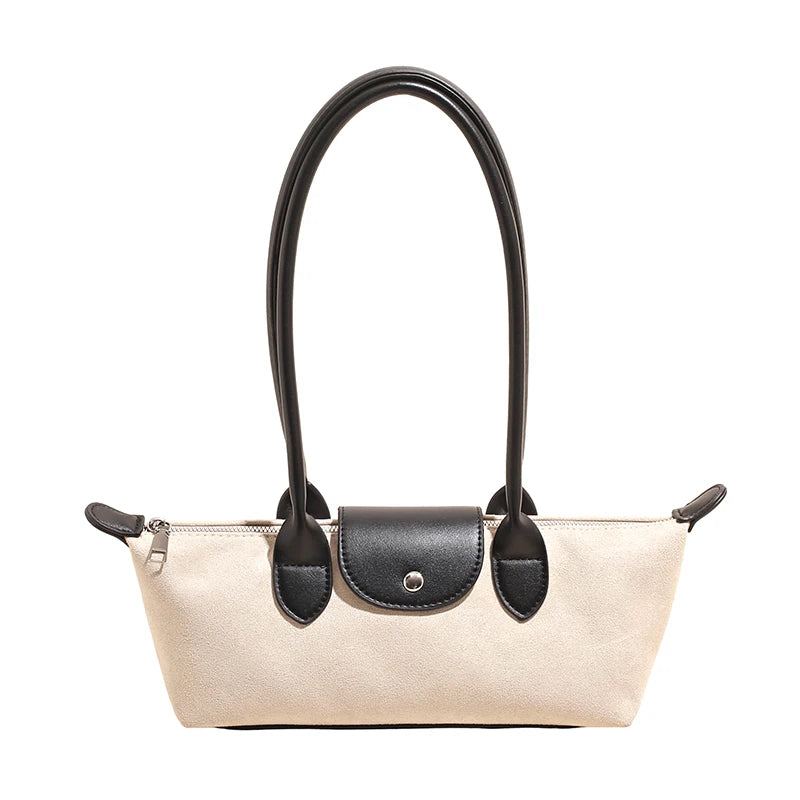 Vintage Faux Suede Baguette Shoulder Bag for Women Leather Trim Long Handle Underarm Purse-6