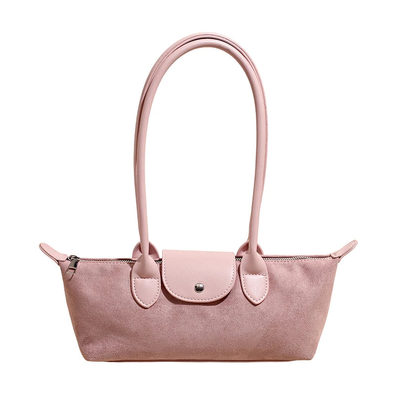 Vintage Faux Suede Baguette Shoulder Bag for Women Leather Trim Long Handle Underarm Purse-7