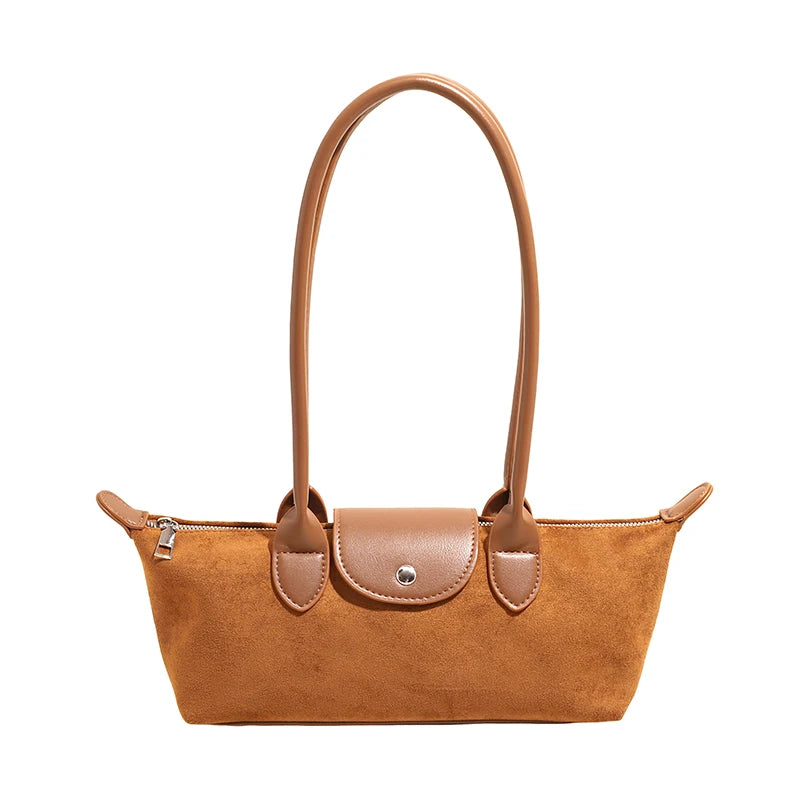 Vintage Faux Suede Baguette Shoulder Bag for Women Leather Trim Long Handle Underarm Purse-8