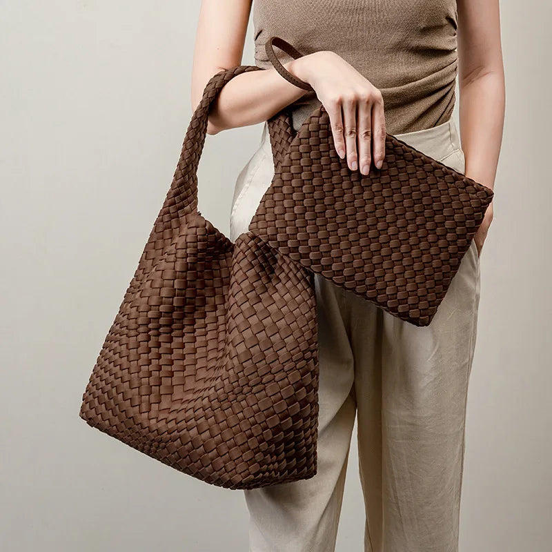 Large Hand-Woven European American Retro Womens Bucket Bag with Magnetic Closure Large Capacity Shoulder Tote Underarm Bag-0