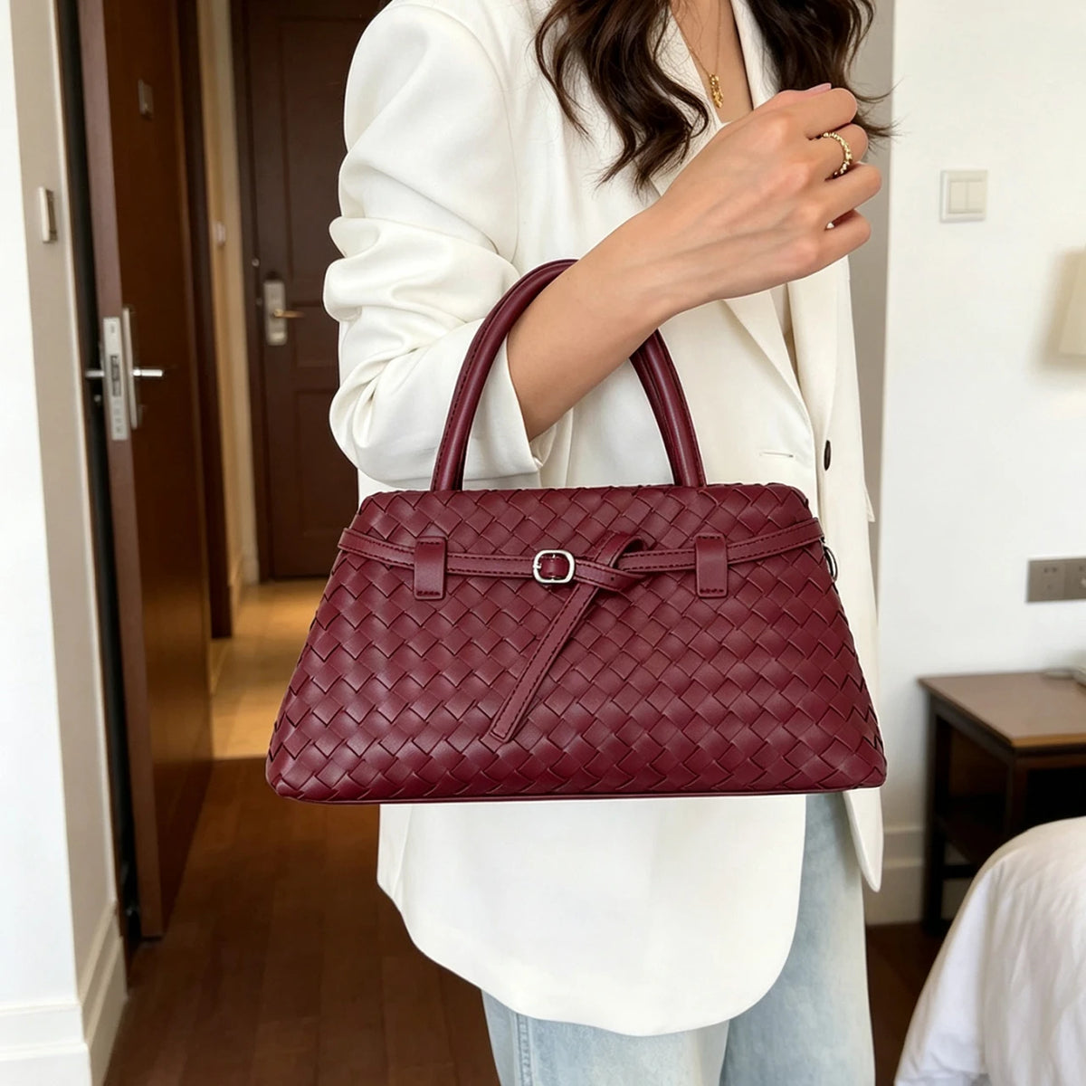 Wholesale PU Leather Woven Handbag Women Large Capacity Shoulder Tote with Adjustable Strap OEM Custom Logo-0