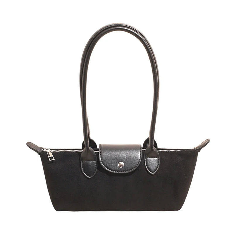 Vintage Faux Suede Baguette Shoulder Bag for Women Leather Trim Long Handle Underarm Purse-12