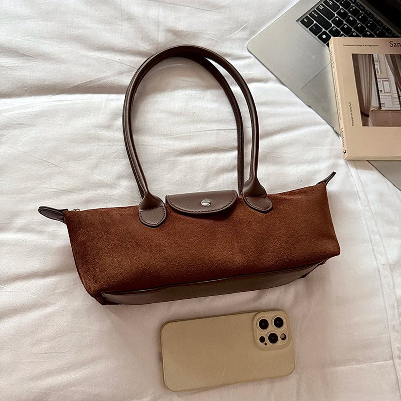 Vintage Faux Suede Baguette Shoulder Bag for Women Leather Trim Long Handle Underarm Purse-1