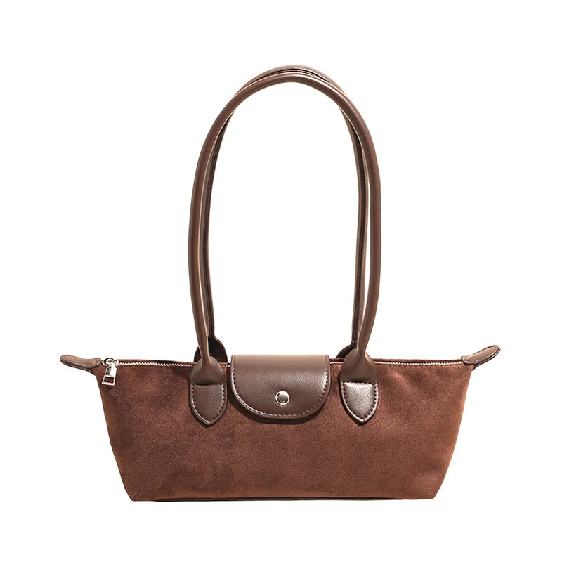 Vintage Faux Suede Baguette Shoulder Bag for Women Leather Trim Long Handle Underarm Purse-10
