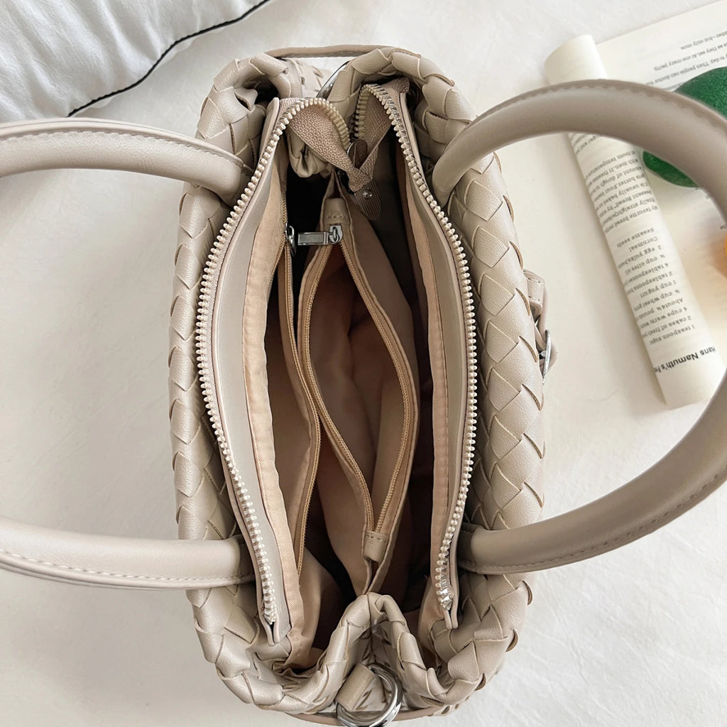 Wholesale PU Leather Woven Handbag Women Large Capacity Shoulder Tote with Adjustable Strap OEM Custom Logo-4