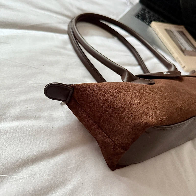 Vintage Faux Suede Baguette Shoulder Bag for Women Leather Trim Long Handle Underarm Purse-2