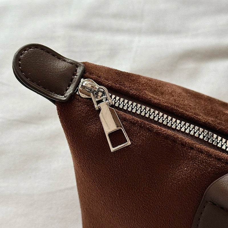Vintage Faux Suede Baguette Shoulder Bag for Women Leather Trim Long Handle Underarm Purse-3