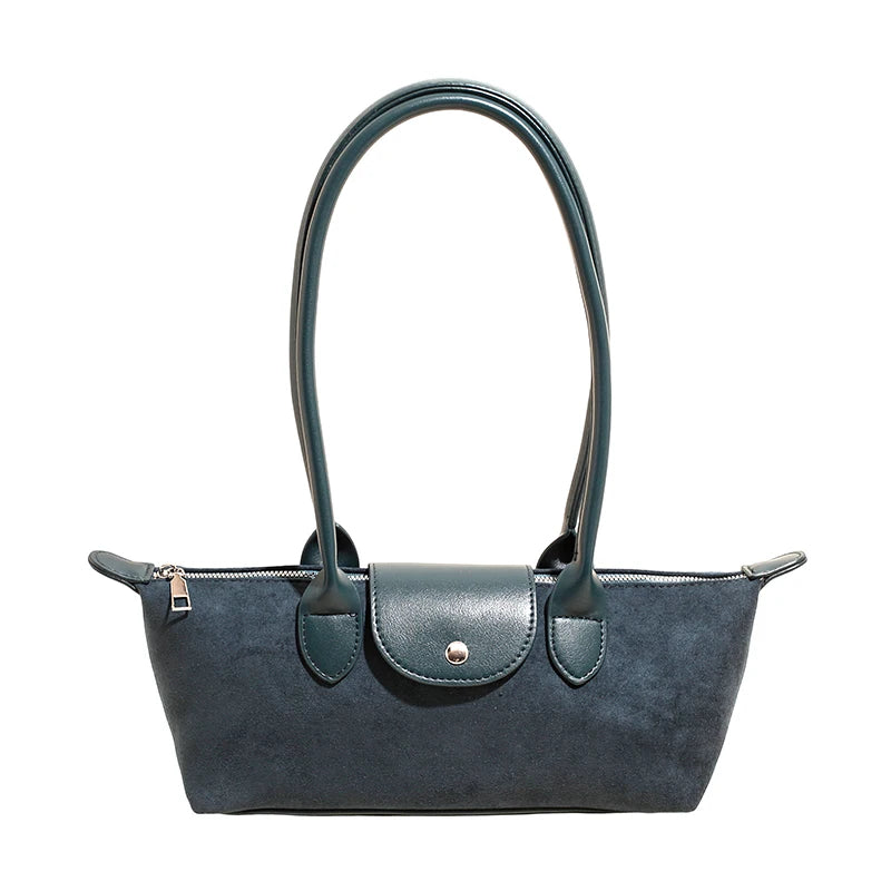 Vintage Faux Suede Baguette Shoulder Bag for Women Leather Trim Long Handle Underarm Purse-11