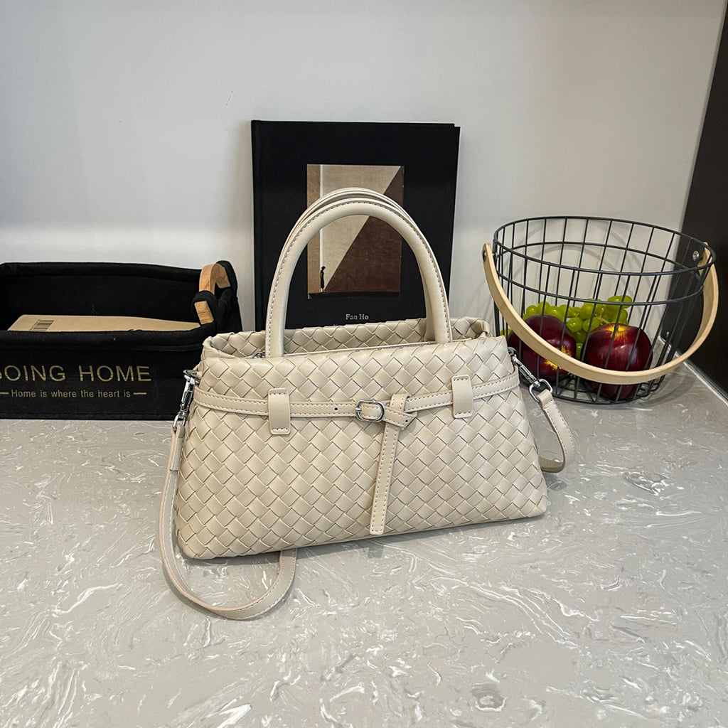 Wholesale PU Leather Woven Handbag Women Large Capacity Shoulder Tote with Adjustable Strap OEM Custom Logo-6